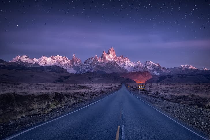 road, mountains, Argentina, Patagonia, starry sky, Andes, Patagonian Andes, Mount Fitz Roy, Mount Fitzroy, HD wallpaper
