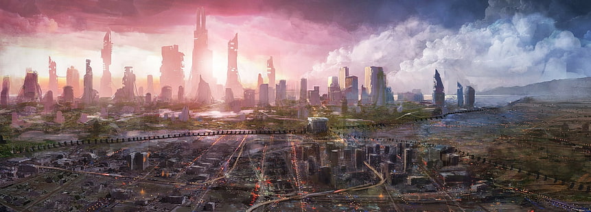 futuristische stadt, science fiction, grafik, himmel, wolken, futuristisch, stadtbild, HD-Hintergrundbild HD wallpaper