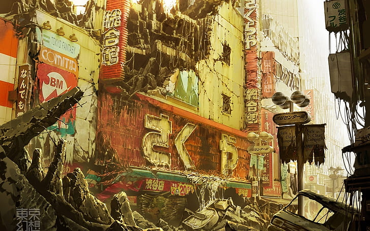 apokalyptisk, arkitektur, konst, konstnärlig, asiatisk, byggnader, CG, läskig, förfall, förstörelse, detalj, digital, skräck, Japan, orientalisk, post, vägar, ruin, S, läskig, tecken, gata, Tokyo, Tokyogenso, vrak, Haveri, HD tapet