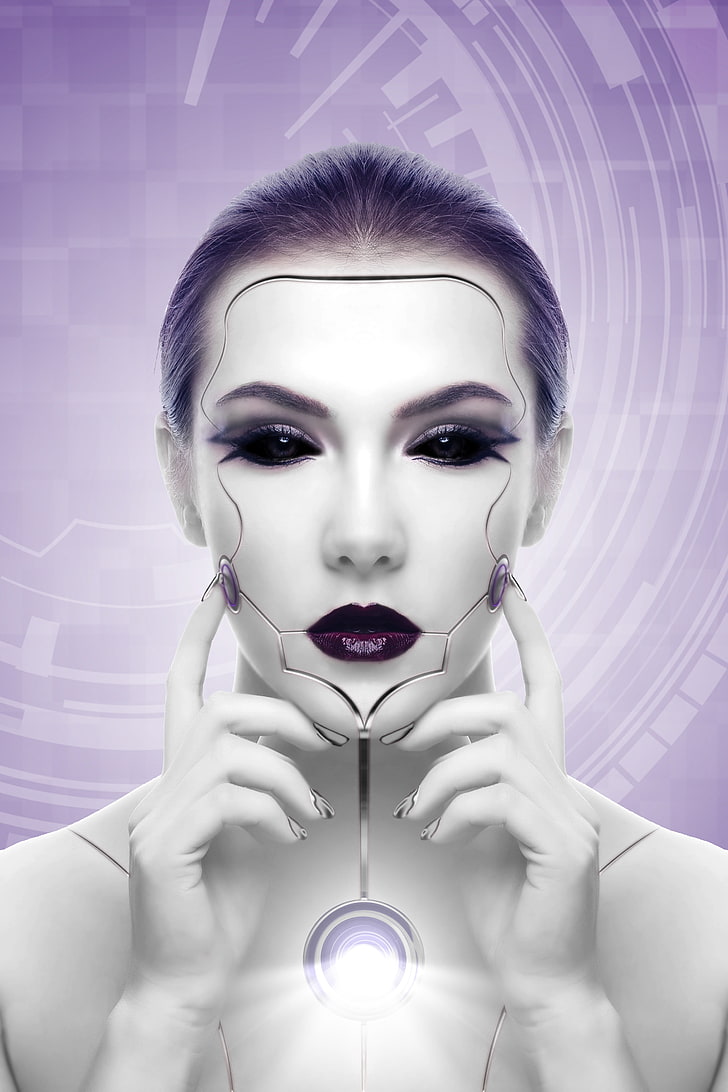 cyborg, robot, dziewczyna, twarz, futuryzm, Tapety HD, tapety na telefon