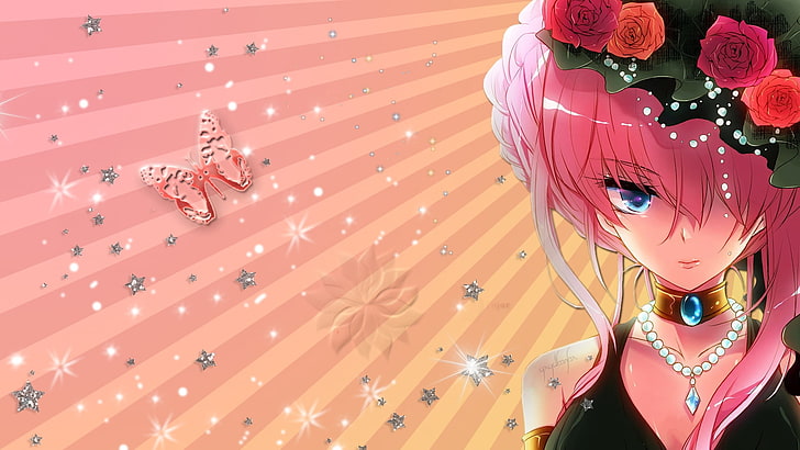 ilustracja różowowłosej dziewczyny, anime, dziewczyna, wieniec, róża, dekoracja, Tapety HD