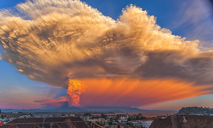 Ash, Calbuco Volcano, Chile, Eruptions, Huge, landscape, nature, smoke, sunset, volcano, HD wallpaper