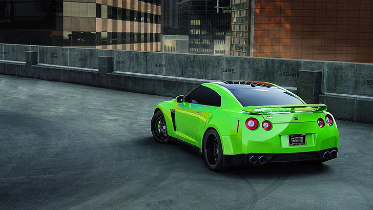 green coupe, Nissan Skyline GT-R R35, Nissan, Nissan GT-R, Nissan Skyline GT-R, city, parking lot, car, green cars, vehicle, HD wallpaper