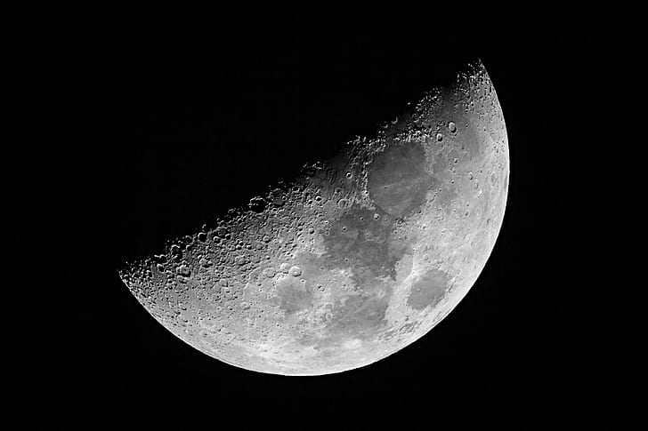 shallow photography of Moon, half moon, photography, half  moon, goto, deutschland, germany, astrophotography, bayern, astronomy, telescope, celestron, vx, skywatcher, black Color, HD wallpaper