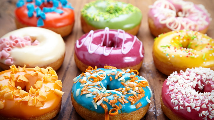nine doughnuts with topppings, doughnuts, food, donuts, dessert, sweets, depth of field, colorful, cyan, red, HD wallpaper