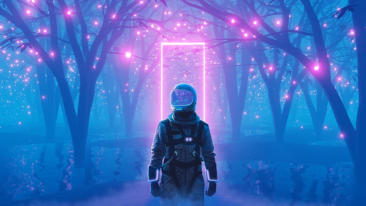 astronauta, neon, blask neonu, jezioro lucerny, Tapety HD