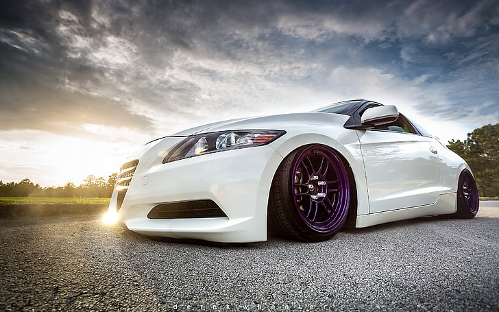 white coupe, car, tuning, stance, honda cr-z, HD wallpaper