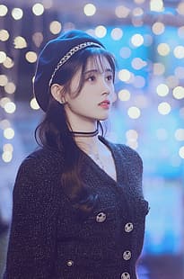 Kiku, Ju Jingyi ไอดอล นักแสดง นักร้อง ผู้หญิง จีน เอเชีย เบเร่ต์ ผมสีดำ ต่างหูมุก สร้อยคอ เสื้อกันหนาวสีดำ, วอลล์เปเปอร์ HD HD wallpaper