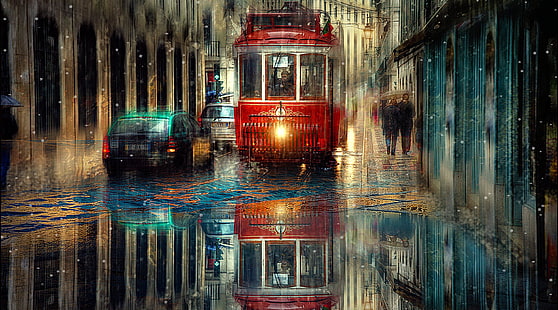 Pora deszczowa 4K, malowanie wózków czerwono-białych, artystyczne, rysunki, miasto, tramwaj, Tapety HD HD wallpaper