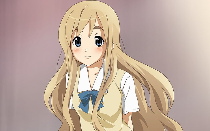 момиче с илюстрация на аниме с жълти коси, k-on, kotobuki tsumugi, момиче, сладко, коса, фон, HD тапет