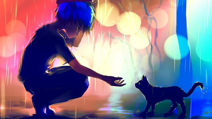 jantan berambut biru menghadap lukisan kucing hitam, jantan duduk di depan kucing, karya seni, seni fantasi, seni digital, hujan, kucing, berwarna-warni, Wallpaper HD