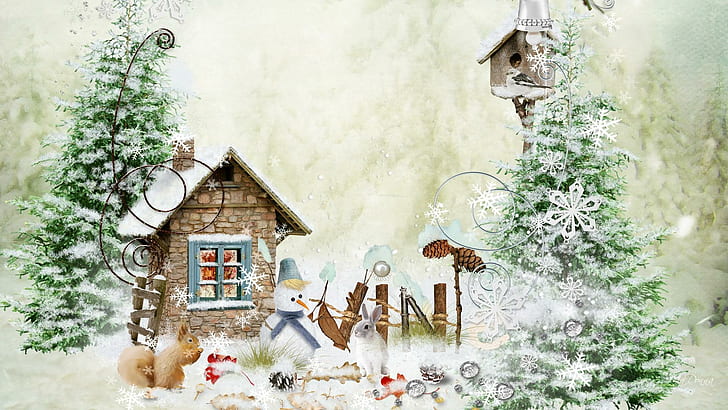 Winter Surprises, bird, whimsical, cold, snowman, trees, house, snowing, cottage, snow, home, bird feeder, bunny, yard, HD wallpaper