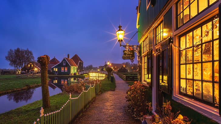 the fence, home, the evening, village, lantern, channel, houses, Netherlands, illumination, Zaanse Schans, The Zaanse Schans, HD wallpaper
