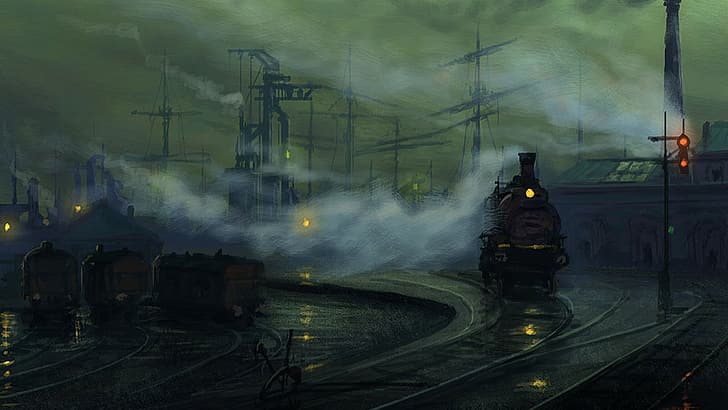 train, painting, Raphael Lacoste, HD wallpaper