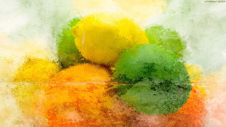 yellow lemon painting, abstract, lemons, HD wallpaper