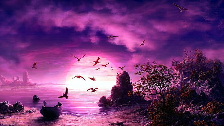 фиолетовый пейзаж, фэнтези арт, луна, лодка, птицы, фэнтези пейзаж, пурпурный, фиолетовый, HD обои