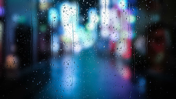 lluvia, ciudad, calle, gotas de agua, gotas de lluvia, día lluvioso, borrosa, lloviendo, Fondo de pantalla HD