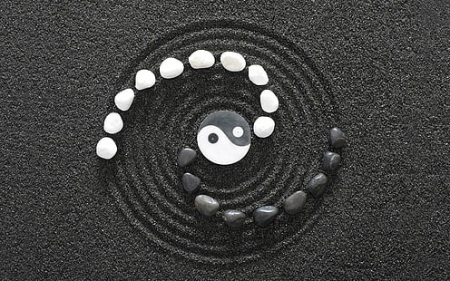 Religious, Yin & Yang, Black & White, Sand, Stone, HD wallpaper HD wallpaper