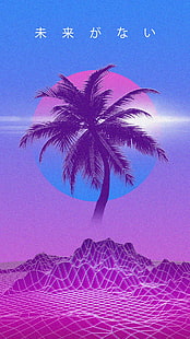 wallpaper kelapa, vaporwave, Retrowave, pohon kelapa, kanji, Jepang, Wallpaper HD HD wallpaper