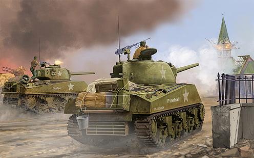 two green battle tanks digital wallpaper, art, the battle, game, the, Tank, average, Sherman, Flames of War, WW2., world war II, miniatures, M4A3, Late, Medium, HD wallpaper HD wallpaper