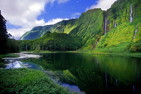 Земя, пейзаж, Азорски острови, гора, зелено, планина, Португалия, водопад, HD тапет HD wallpaper