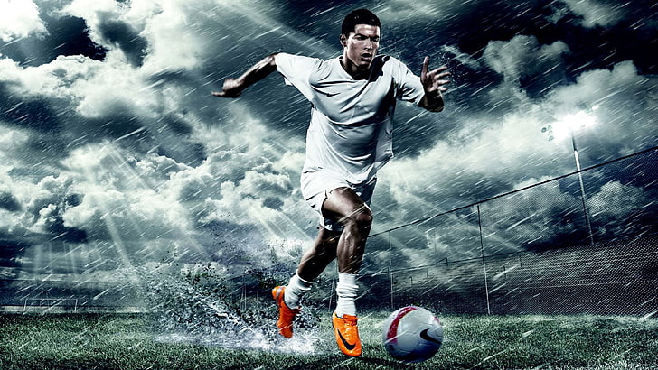 pair of orange Nike cleats, Cristiano Ronaldo, soccer, digital art, sport, men, athletes, sports, HD wallpaper