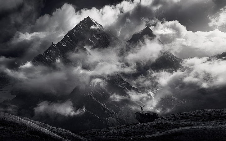nature, landscape, monochrome, mountains, Himalayas, clouds, snowy peak, dark, HD wallpaper