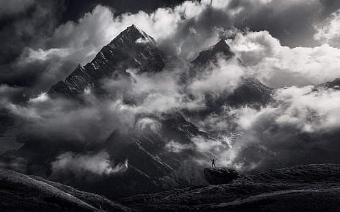 ธรรมชาติ, ภูมิทัศน์, ขาวดำ, ภูเขา, เทือกเขาหิมาลัย, เมฆ, ยอดเขาที่เต็มไปด้วยหิมะ, มืด, วอลล์เปเปอร์ HD HD wallpaper
