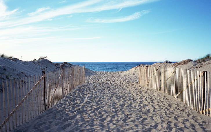 fotografía, paisaje, agua, mar, playa, arena, valla, Fondo de pantalla HD