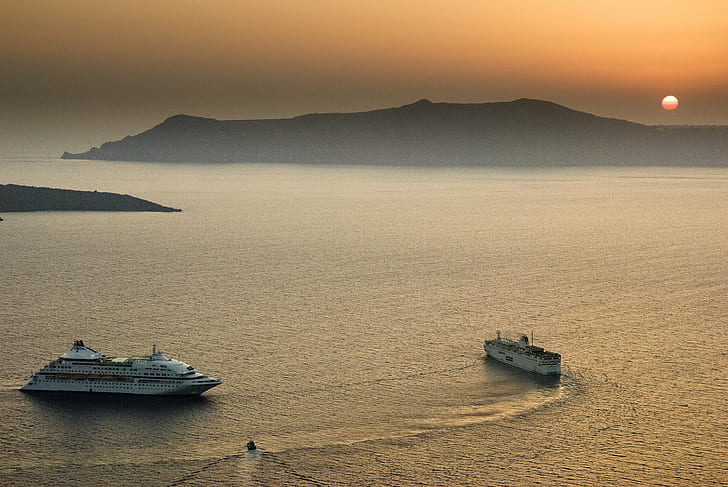 photo of two boat on the sea during golden hour, Ferry, Dance, photo, boat, sea, golden hour, santorini, greece, sunset, nautical Vessel, travel, nature, vacations, summer, mountain, ship, aegean Sea, island, mediterranean Sea, tourism, outdoors, transportation, water, coastline, harbor, europe, HD wallpaper