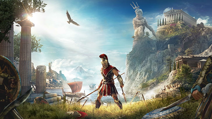 video games, digital art, artwork, Assassin's Creed, Assassin's Creed Odyssey, Ubisoft, Greece, Parthenon, statue, Alexios, Spartans, HD wallpaper