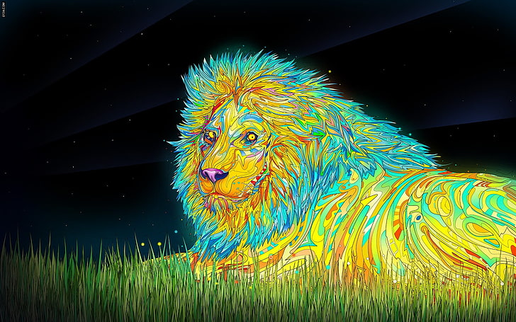 สิงโตสีเหลืองและน้ำเงินนอนอยู่บนงานศิลปะบนหญ้าสัตว์ Matei Apostolescu ศิลปะดิจิตอลมีสีสันสิงโตประสาทหลอน, วอลล์เปเปอร์ HD
