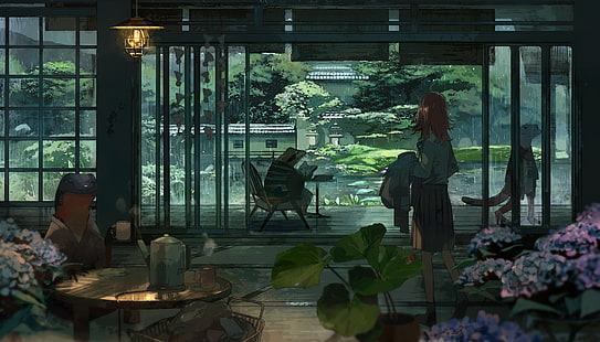 pioggia, rana, anime girls, fantasy art, Sfondo HD HD wallpaper