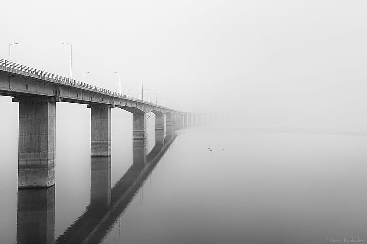 architectural photography of gray concrete bridge, Fog, architectural photography, gray, concrete, bridge, stump, κορμός, tree, lake, reflection, Reflections, b/w, landscape, nature, τοπίο, Σέρβια, bridge - Man Made Structure, highway, HD wallpaper