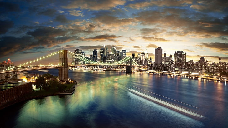 Jembatan Brooklyn karya seni cityscape New York, cityscape, kota, Kota New York, HDR, awan, paparan panjang, malam, Wallpaper HD