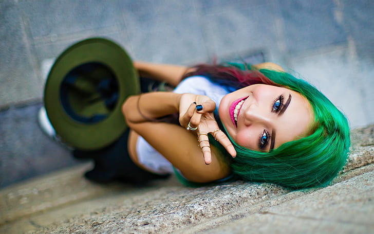 Green hair, blue eyes, smile girl, woman with green hair poster, Green, Hair, Blue, Eyes, Smile, Girl, HD wallpaper