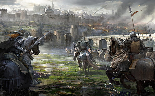 Fantasy, rycerz, zbroja, zamek, koń, oblężenie, miecz, wojownik, broń, Tapety HD HD wallpaper