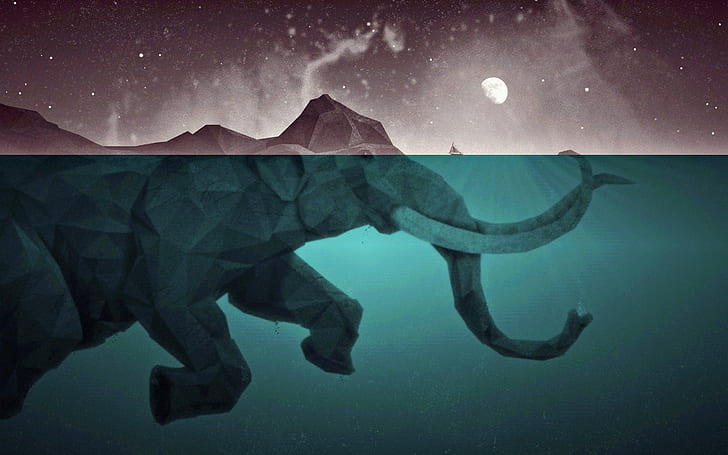 artwork, Moon, elephant, low poly, water, sea, split view, HD wallpaper