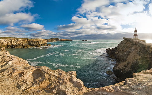 formaciones rocosas marrones, paisaje, faro, costa, mar, naturaleza, Fondo de pantalla HD HD wallpaper