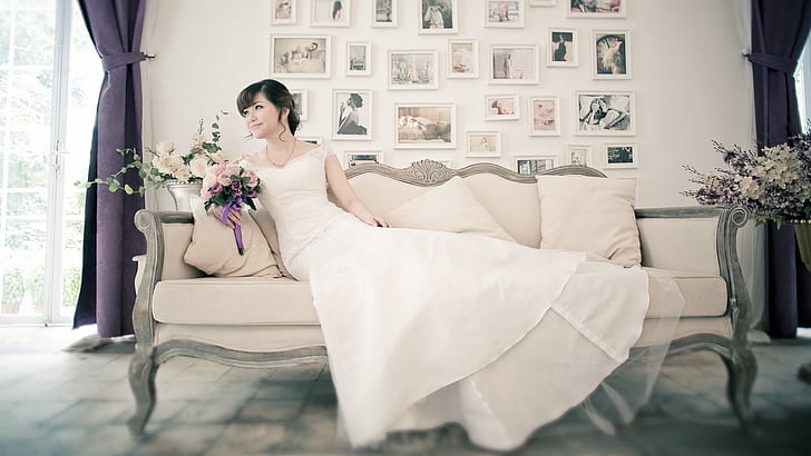 Vestido branco menina asiática, noiva, sofá, Branco, Vestido, menina asiática, noiva, sofá, HD papel de parede