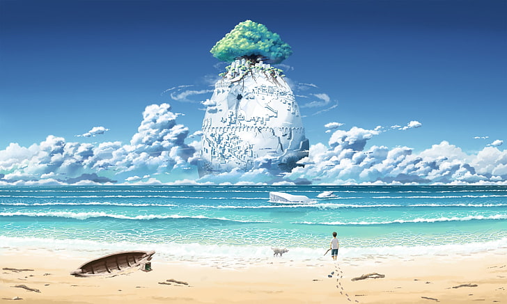 илюстрация на филмова сцена, плаж, море, облаци, дървета, фентъзи изкуство, вълни, HD тапет