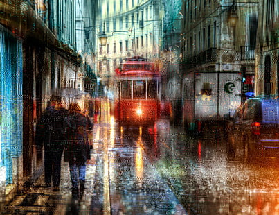 червена градска трамвайна живопис, дъжд, Португалия, Лисабон, HD тапет HD wallpaper