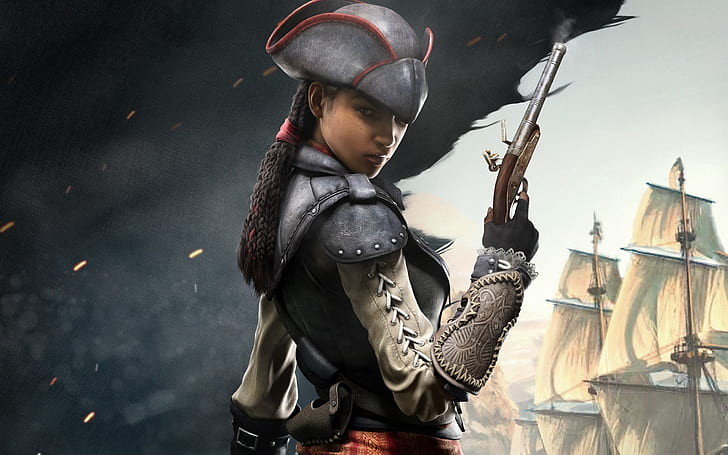 Assassin's Creed IV: العلم الأسود ، فتاة قاتلة ، قاتل ، كريد ، أسود ، علم ، فتاة، خلفية HD