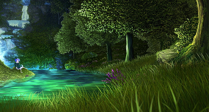호수, 애니메이션, 자연, 나무, 강, 동방, Kawashiro Nitori의 그림, HD 배경 화면