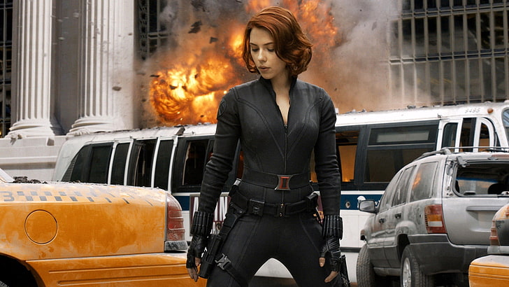 Scarlett Johansson sebagai Black Widow, film, The Avengers, Black Widow, Scarlett Johansson, ledakan, pahlawan super, Marvel Cinematic Universe, Wallpaper HD
