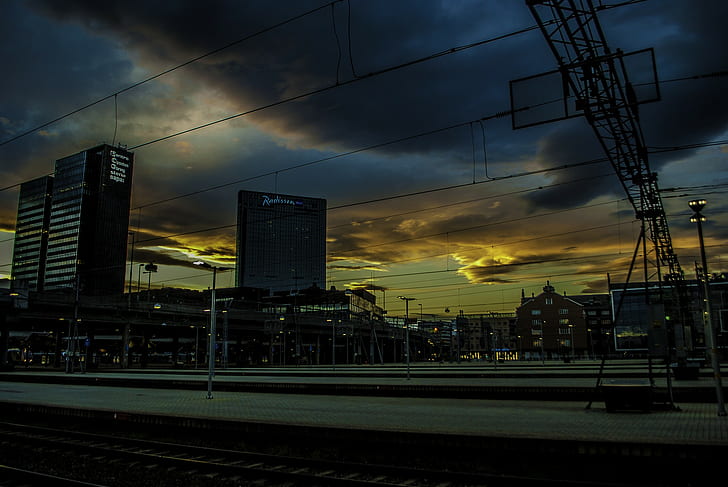 Осло, город, закат, здания, вокзал, HD обои