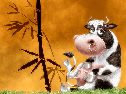 Симпатична анимационна крава, бяла и черна крава, карикатури,, забавна, карикатура, крава, HD тапет HD wallpaper