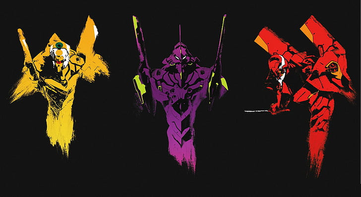 Neon Genesis Evangelion, EVA Unit 00, EVA Unit 01, EVA Unit 02, latar belakang sederhana, menggambar, Wallpaper HD