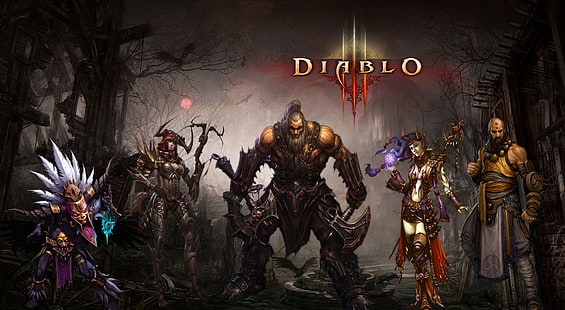 Diablo3 Single Screen, Diablo III wallpaper, Games, Diablo, Characters, diablo 3, diablo iii, video game, Wizard, 2012, witch doctor, demon hunter, barbarian, HD wallpaper HD wallpaper