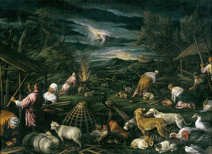djur, människor, Gud, bild, Bibeln, mytologi, Francesco Bassano, Noah The Flood The Poll, HD tapet